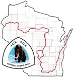 Ice Age Trail on map of Wisconsin, overlaid by NPS IAT logo