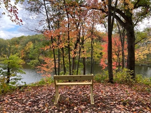 trailside bench provides colorful fall view of pond on IAT